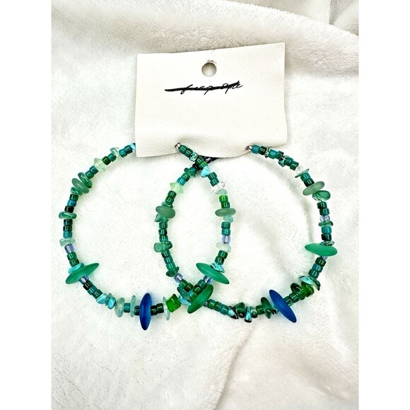 NEW Free People Bohemian Stone Crystal Karma Hoops Earrings Turquoise Whimsical - Picture 1 of 5